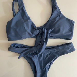 blue tie front bikini set